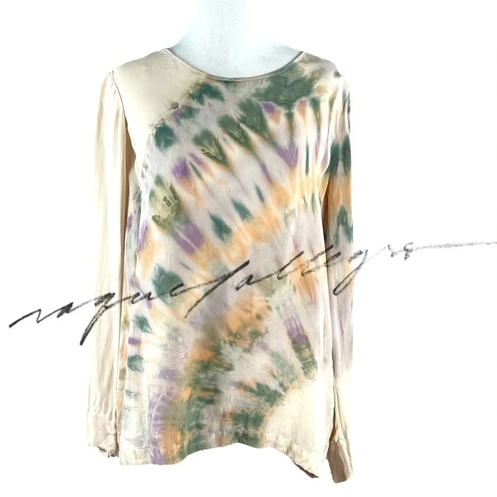 Raquel Allegra 100% Silk Blouse Tie Dye Ink Blot Size 1 Made in LA Nude Neutral - Picture 3 of 16